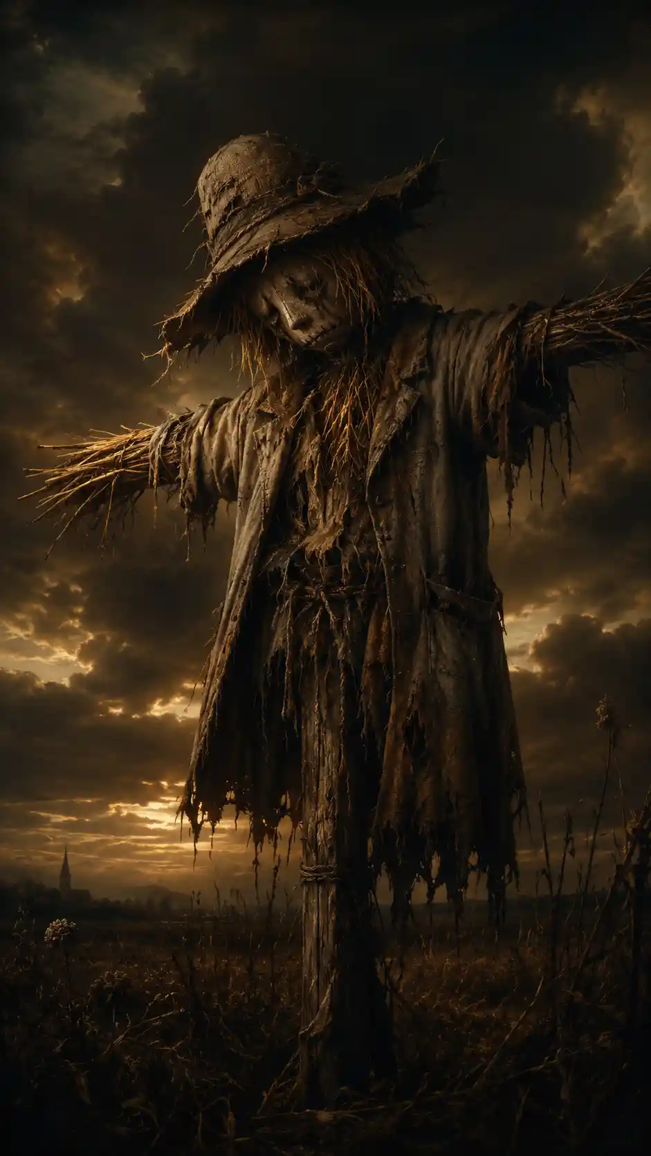 Lone scarecrow in a desolate field at twilight