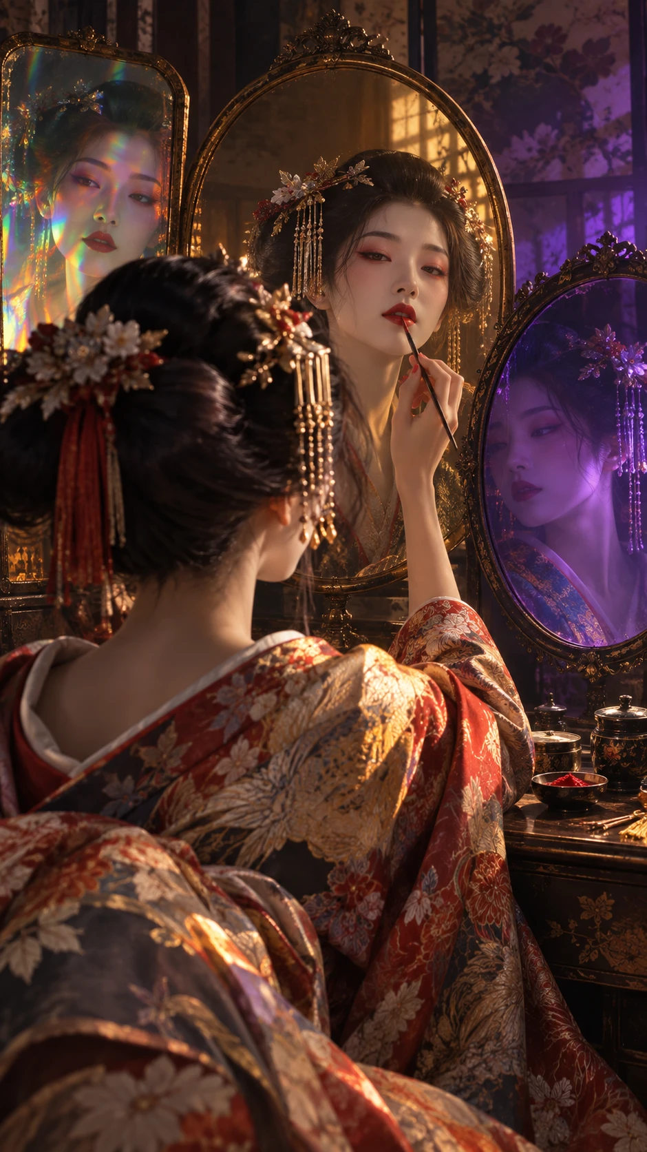 Geisha se maquiando diante de espelhos antigos em luz dramática