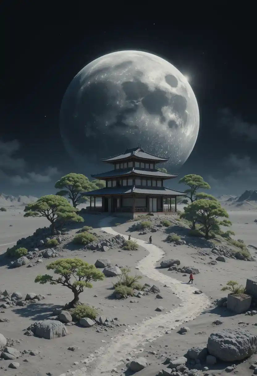 Japanese tea house on the lunar surface with rising Earth