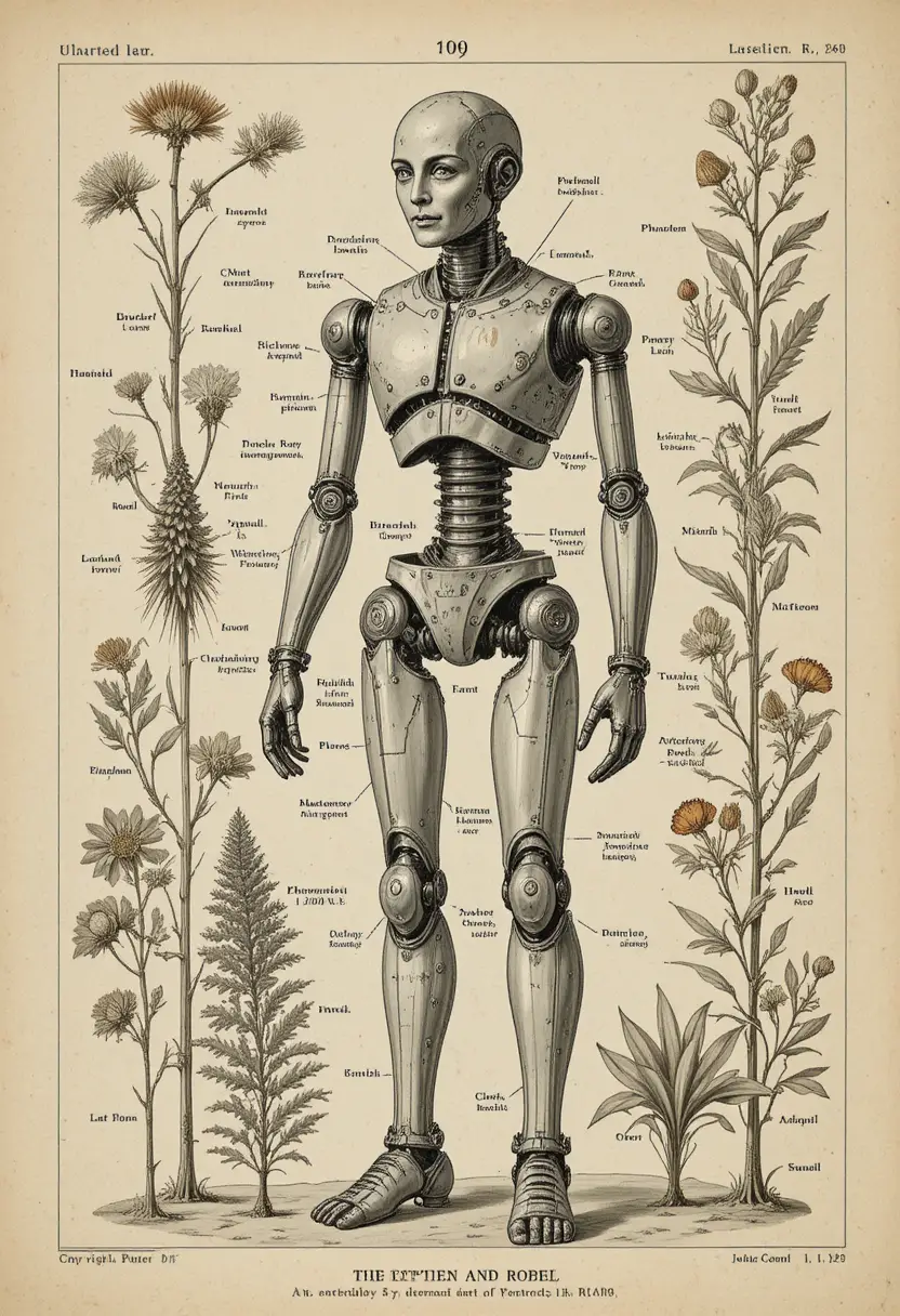 Robô humanóide desenhado como uma lâmina botânica vintage