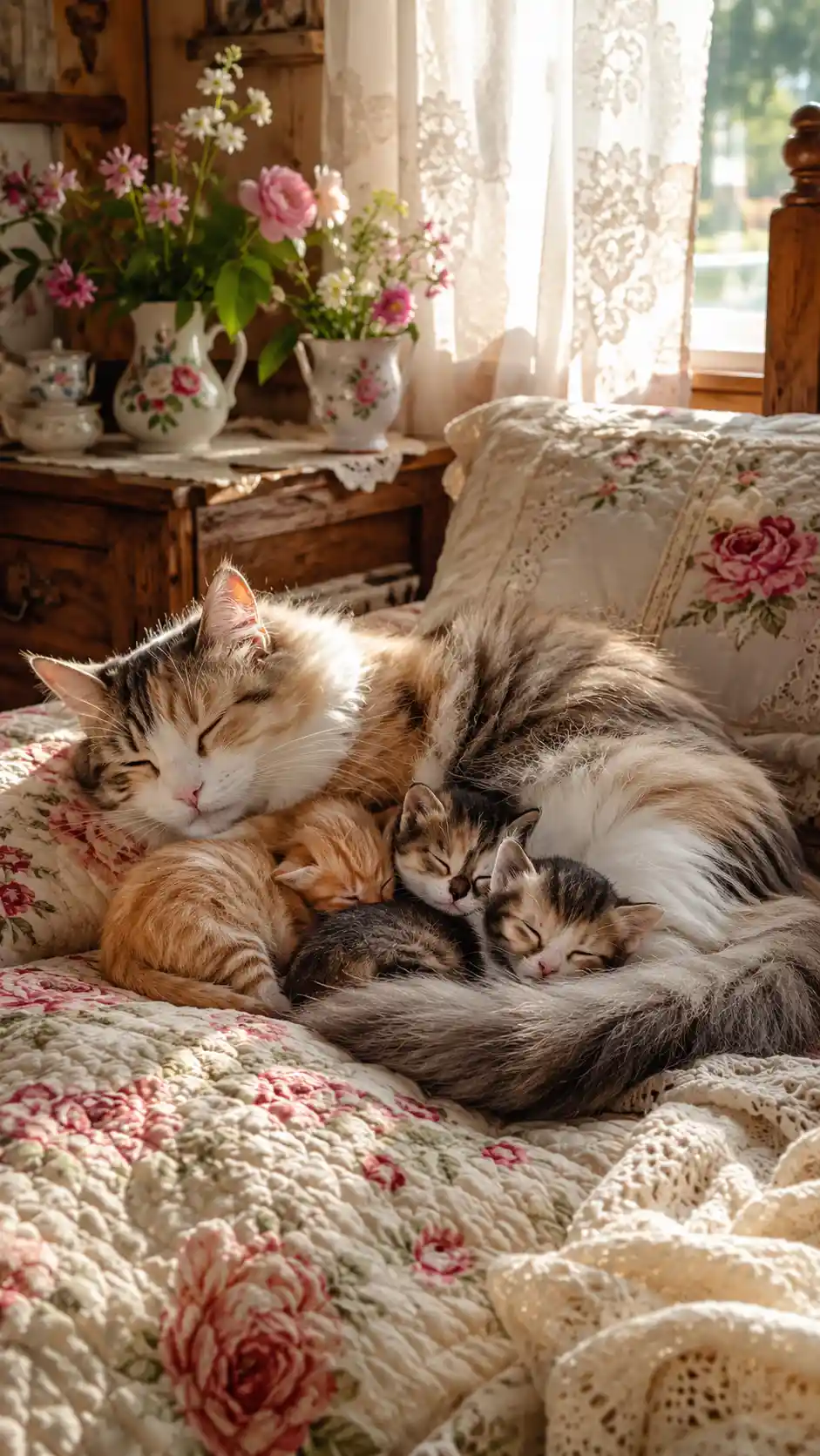 Mother cat cuddling kittens on a vintage floral quilt