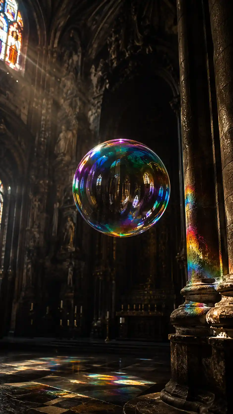 Bolla di sapone iridescente che fluttua in una cattedrale in penombra