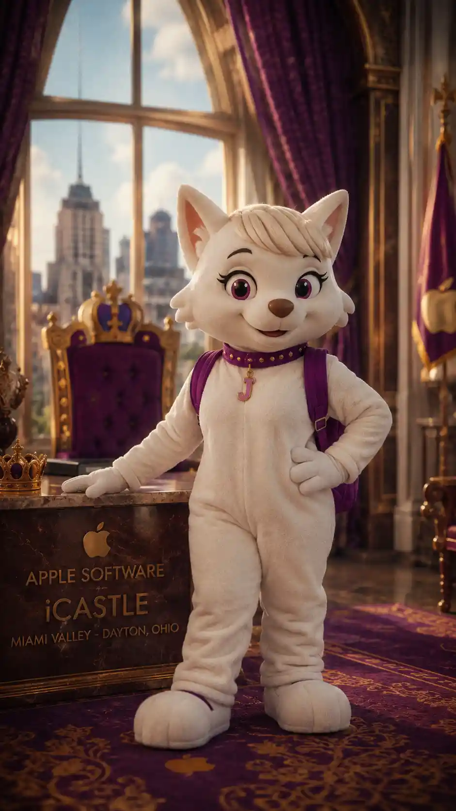 Dog mascot princess in white suit with crown and collar
