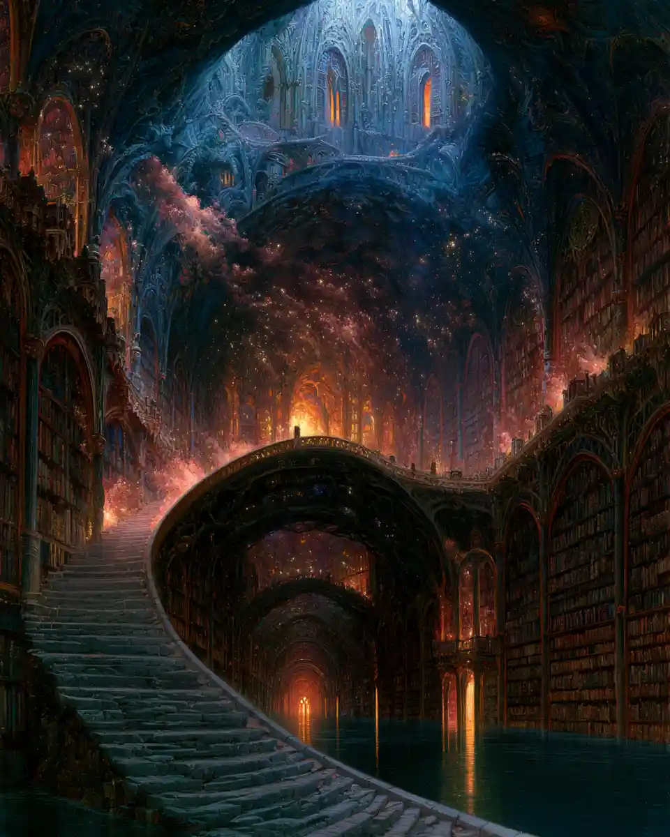 Enchanted Atlantis Library Surrounded By Galactic Visitors