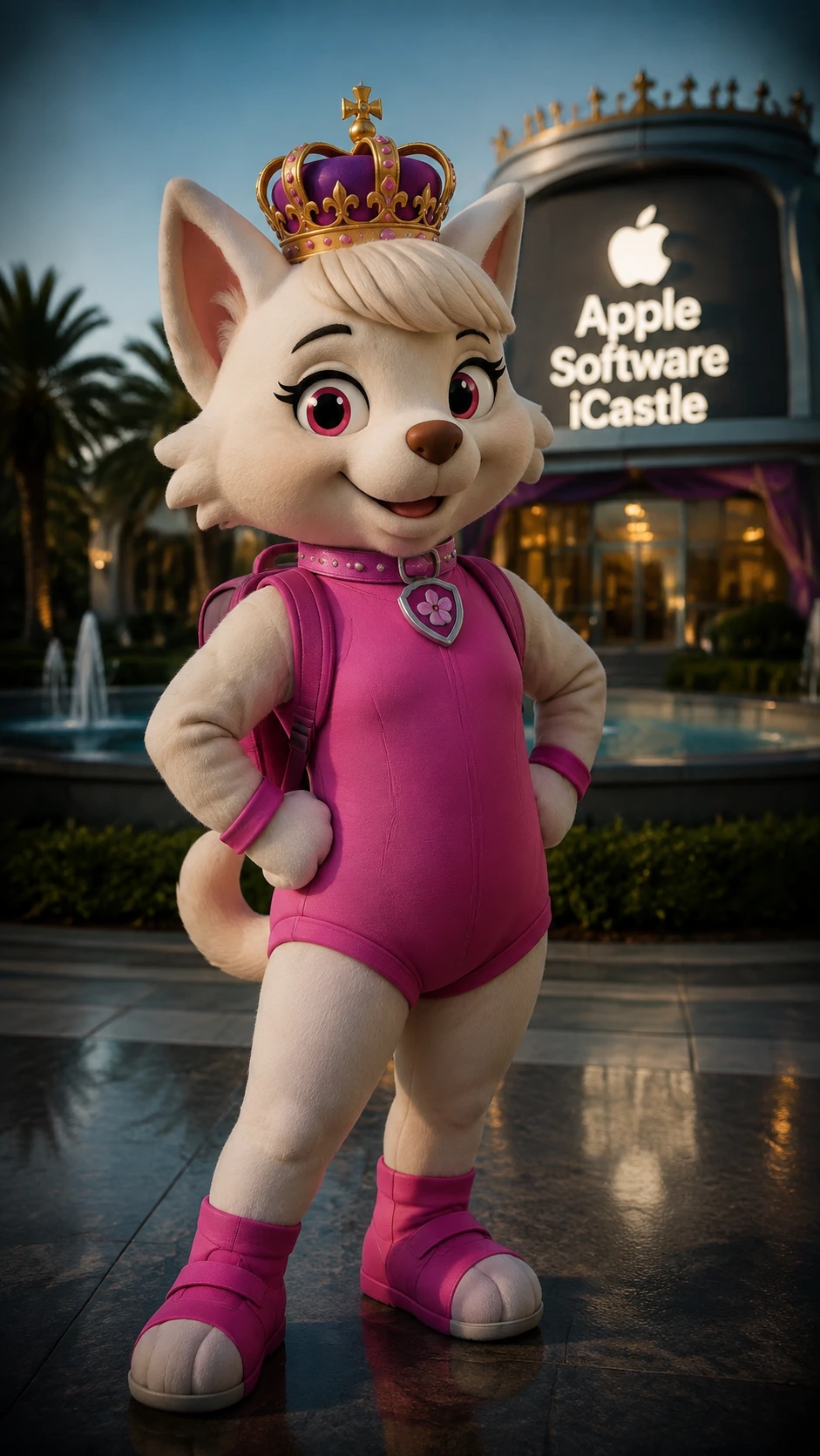 Dog mascot princess standing in a widescreen urban park scene