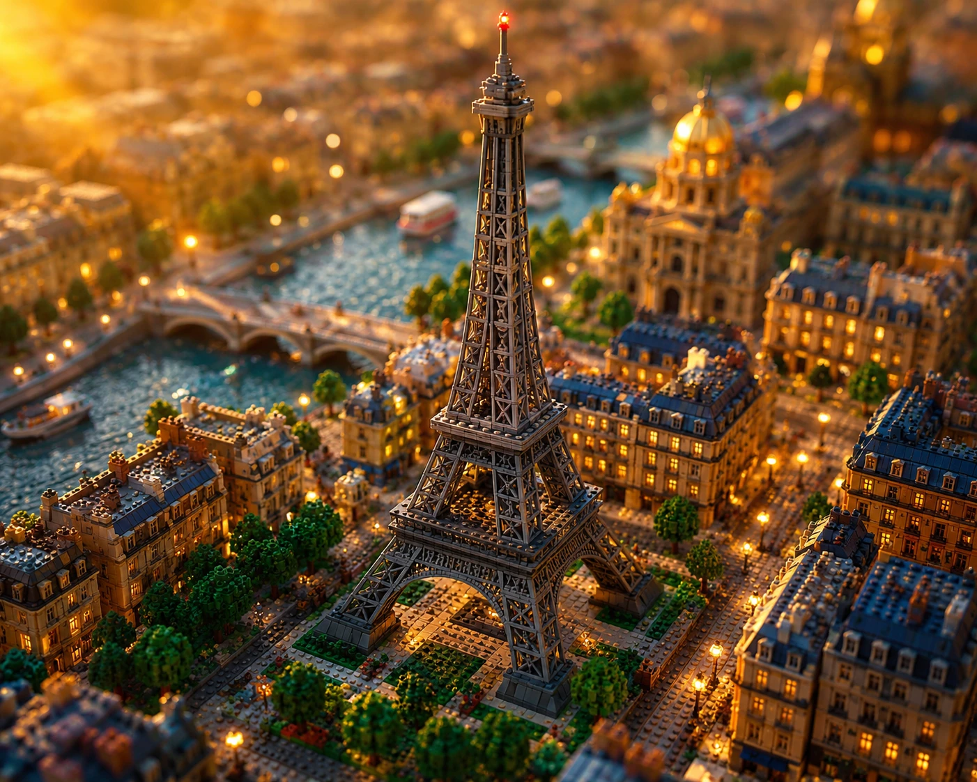Paysage urbain miniature de Paris en Lego à l’heure dorée