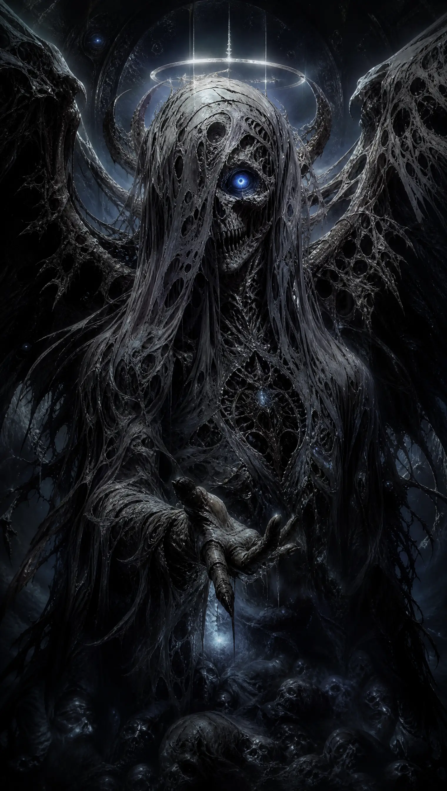 Nightmarish alien angel with a blazing blue eye