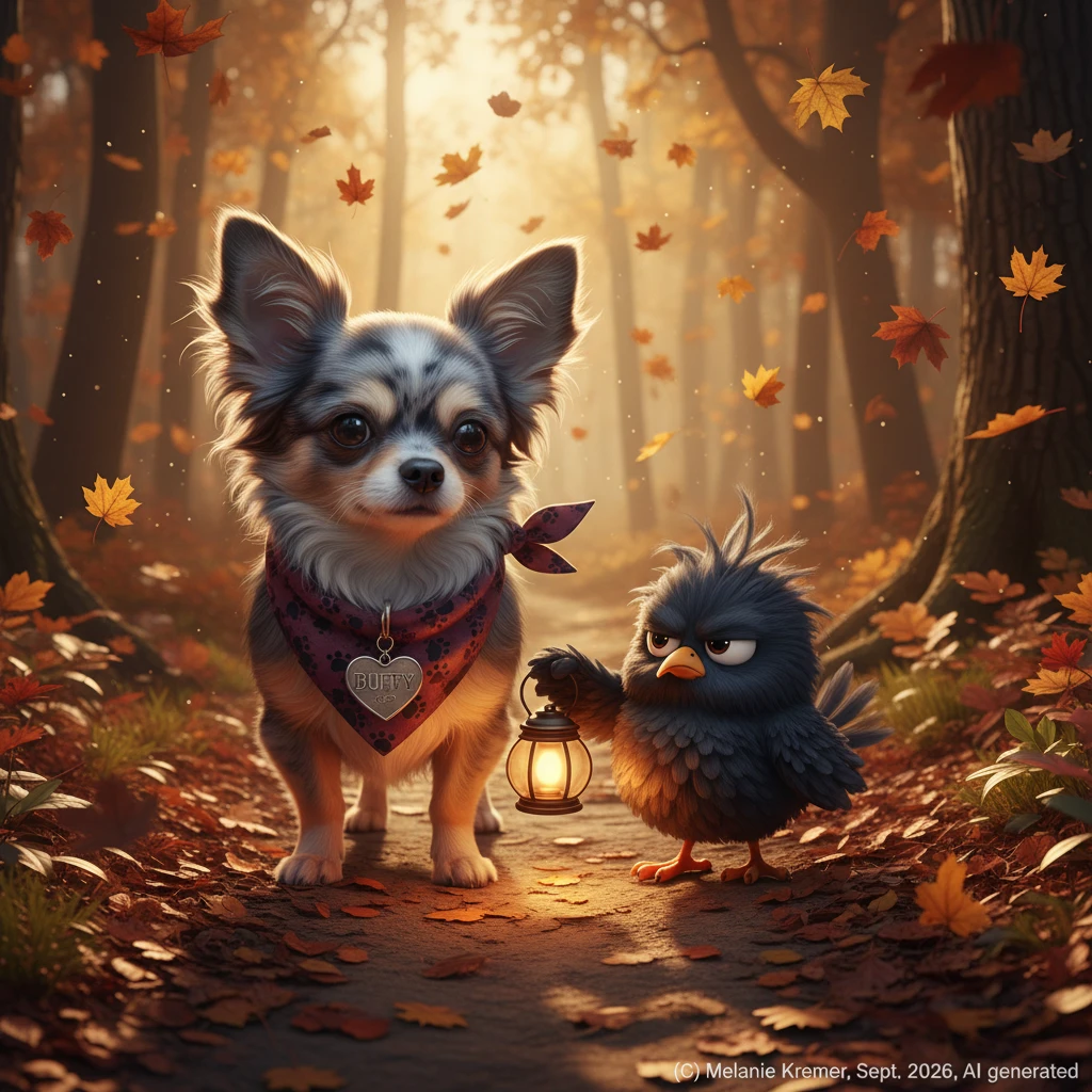 Fofo chihuahua caminhando por uma trilha de floresta no outono