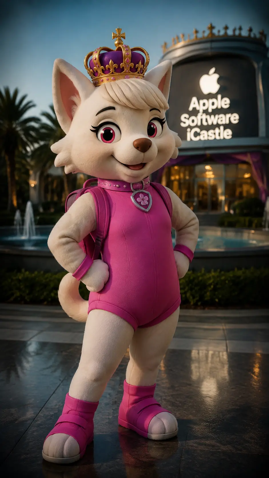 Dog mascot princess standing in a widescreen urban park scene
