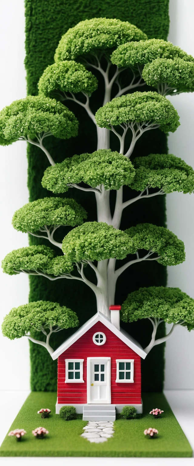 Kleines rotes Haus mit grünen Bäumen vor weißem, minimalistischem Hintergrund