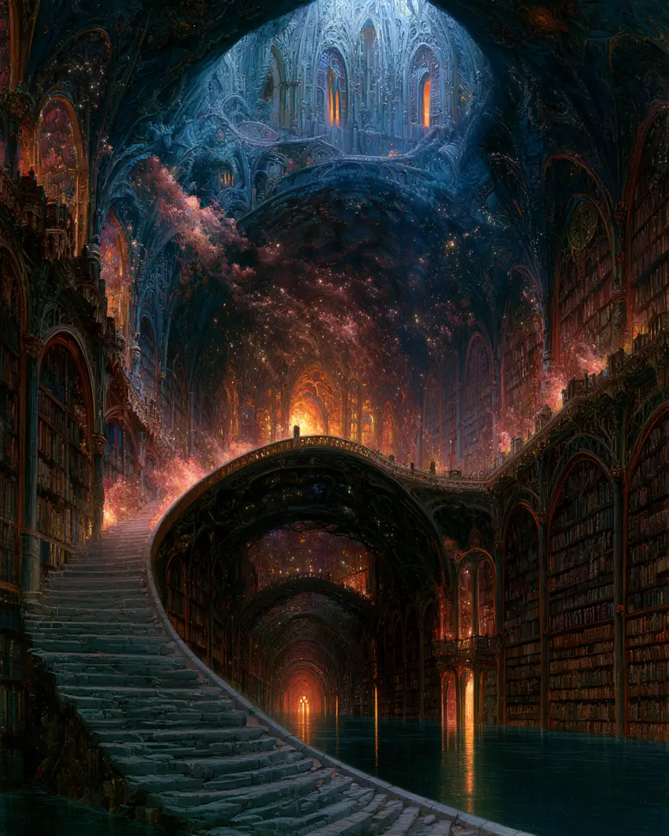 Enchanted Atlantis Library Surrounded By Galactic Visitors