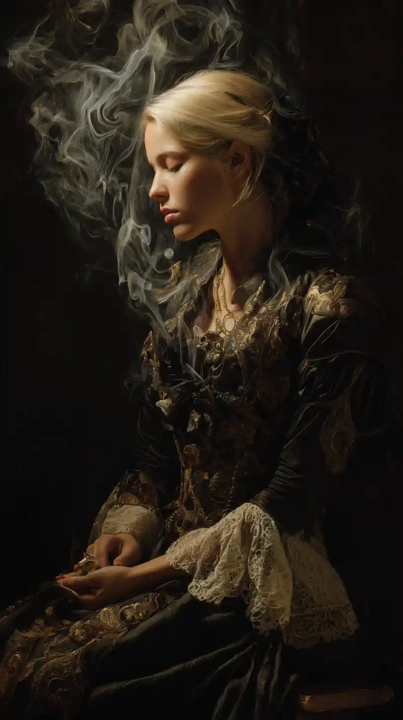 Baroque dark fantasy witch in candlelit gothic interior