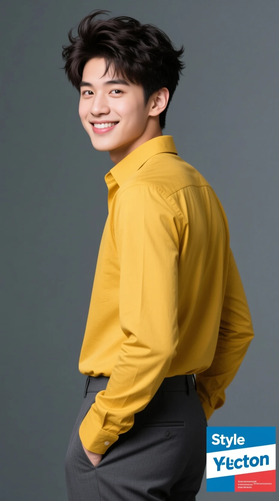 Giovane uomo con camicia color senape e sorriso dolce e sicuro