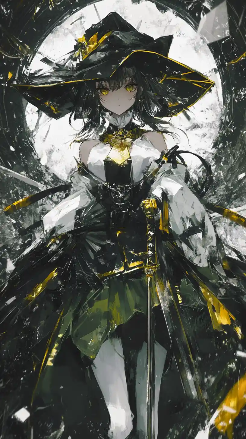 Guerreira de anime com traje verde ornamentado e katana
