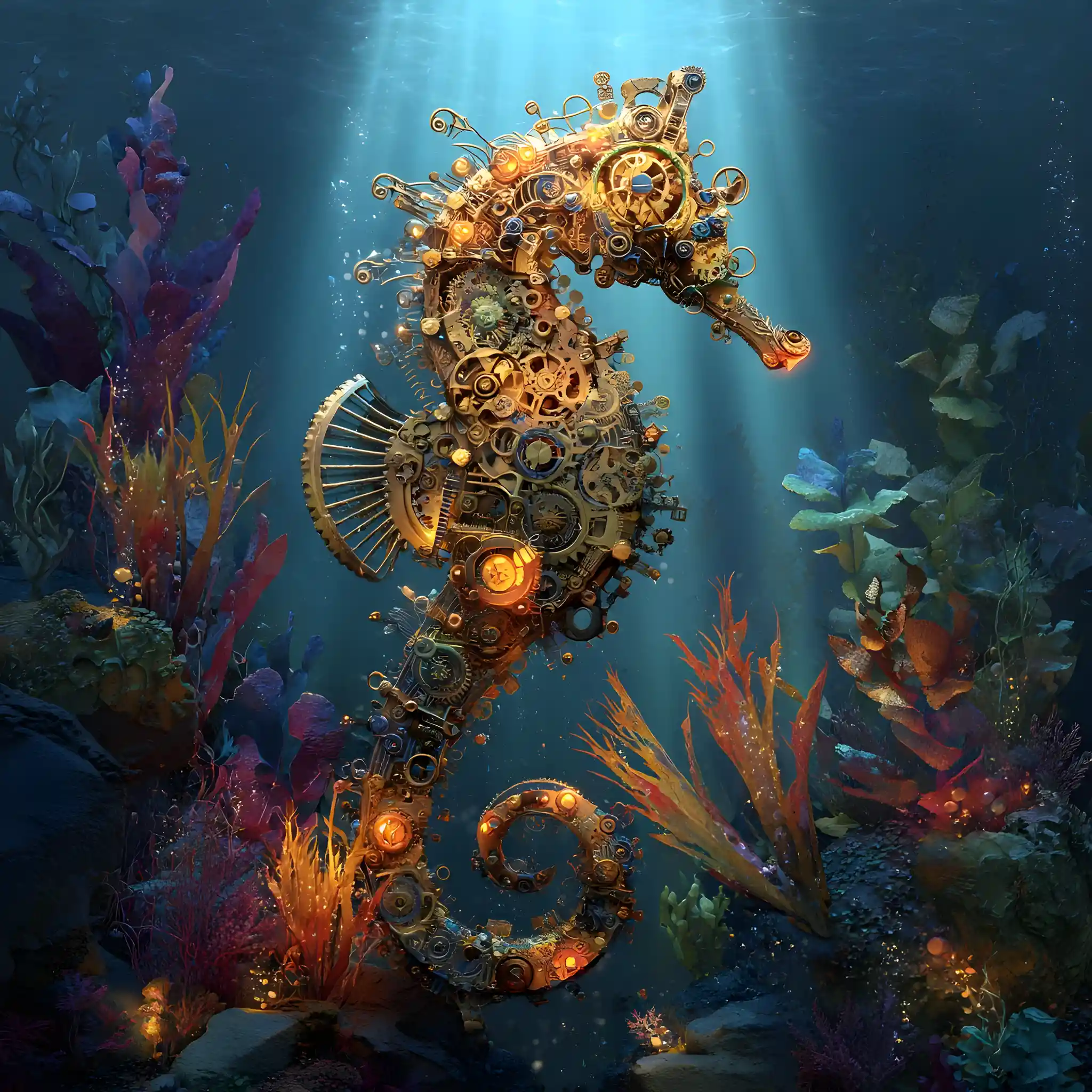 Steampunk seahorse amid glowing underwater clockwork flora