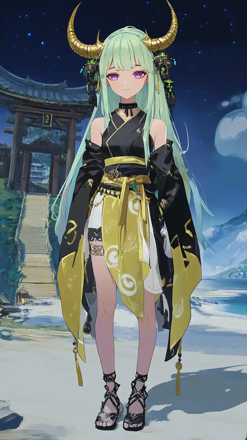 Dragon horned anime girl in ornate celestial outfit