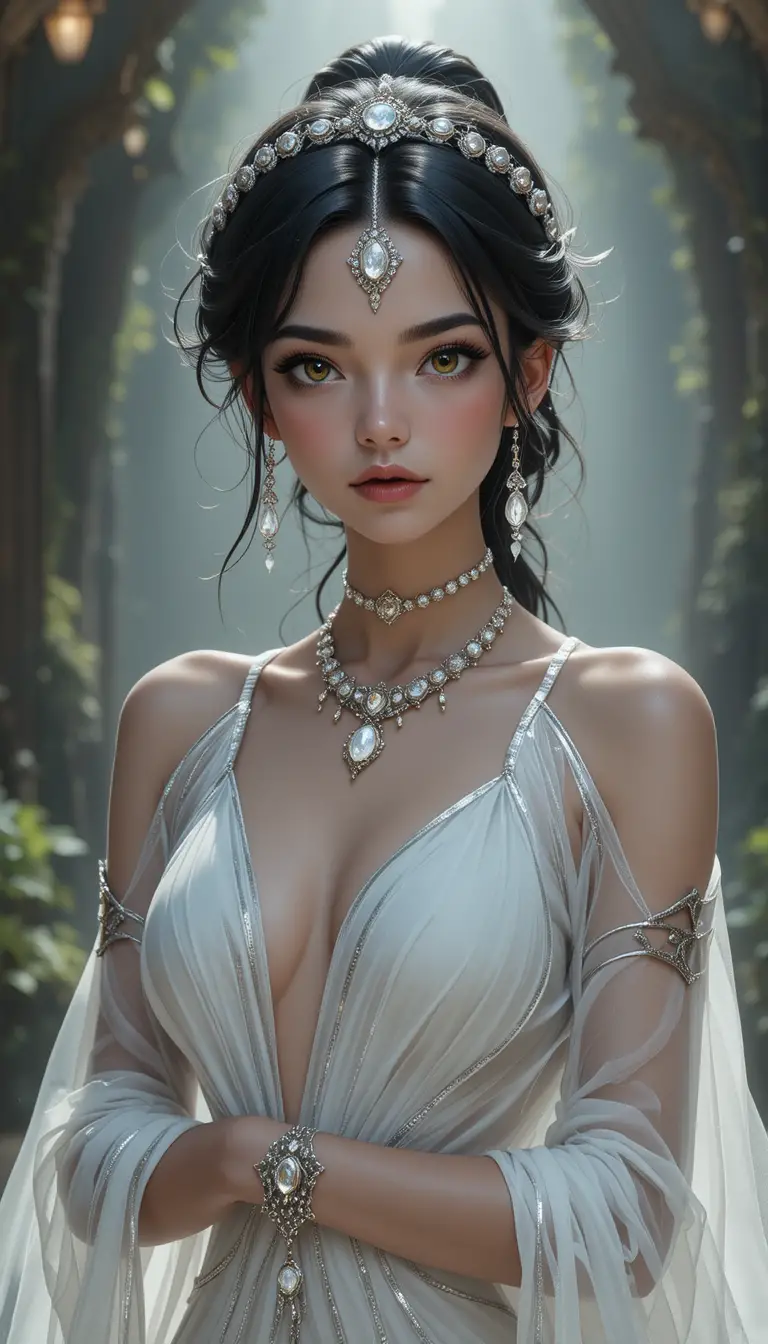 Élégante fille fantôme d’anime avec couronne et robe argentées
