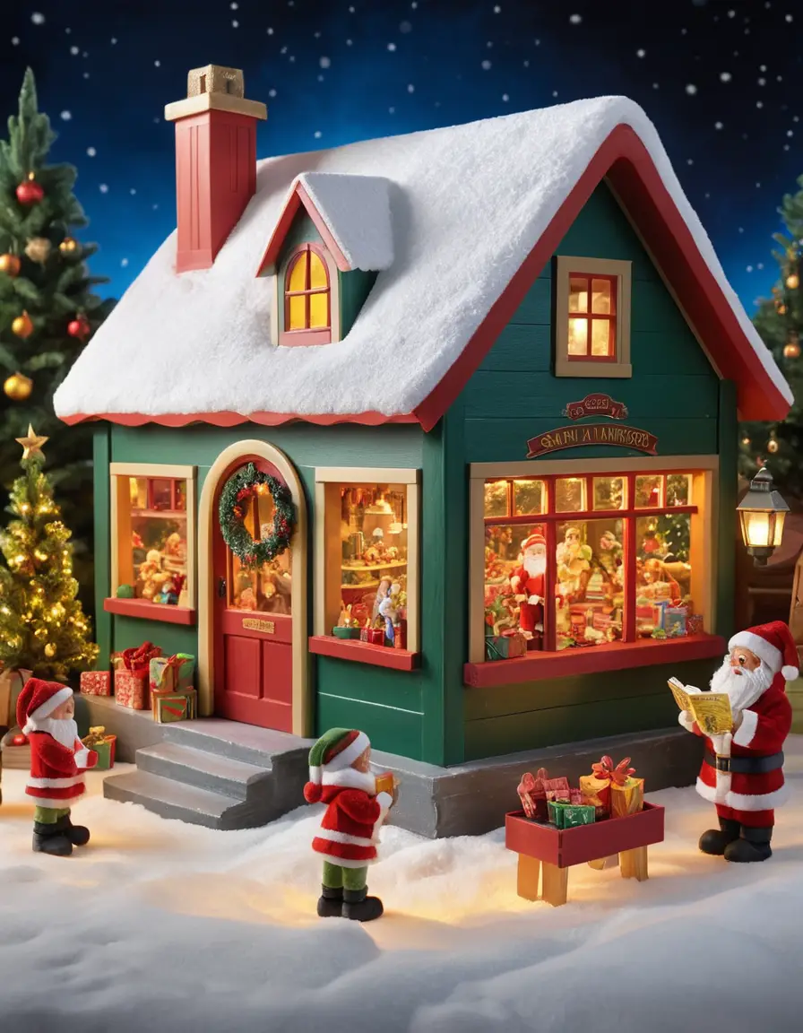 Santa and elves crafting toys in a cozy workshop