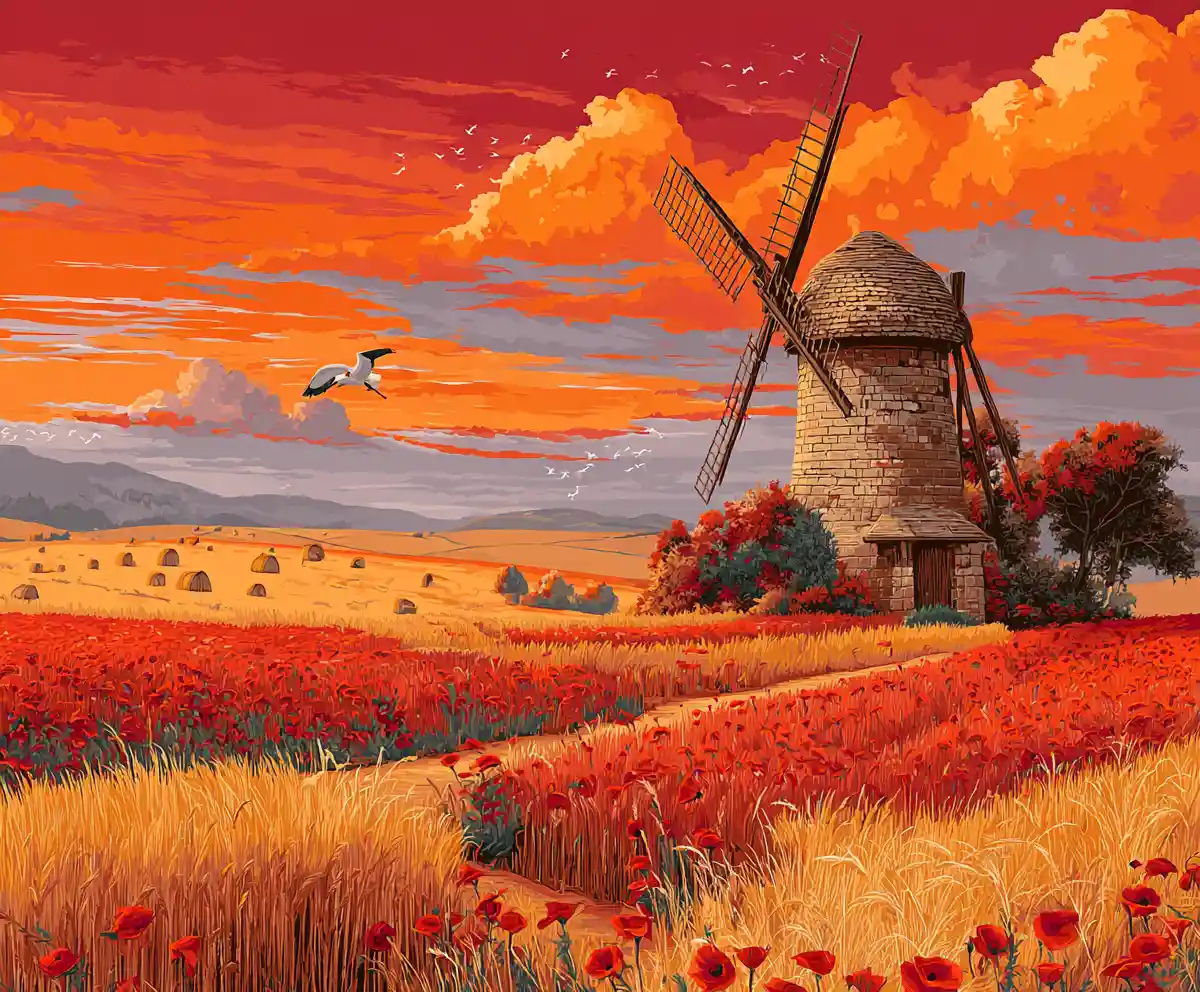Windmill At Sunset Over Golden Wheat Fields And Straw Bales