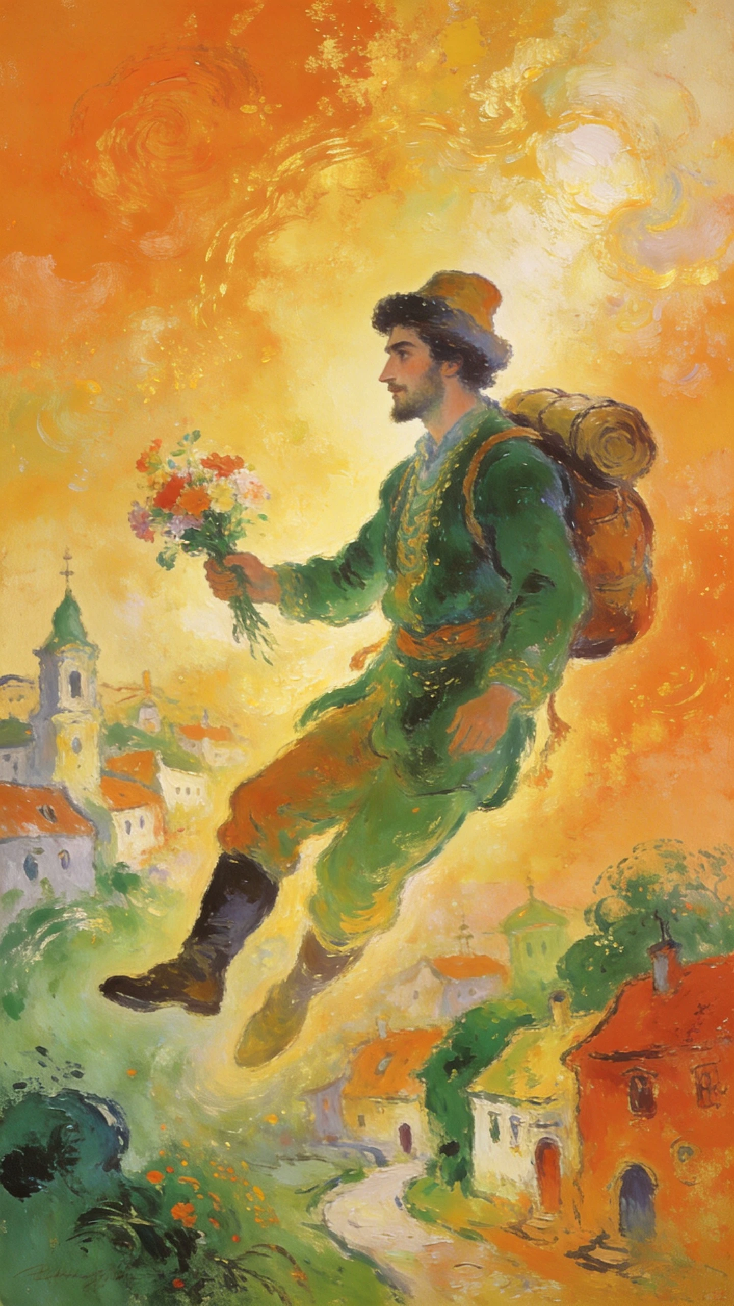 Comerciante viajante elegante segurando flores em uma pintura a óleo