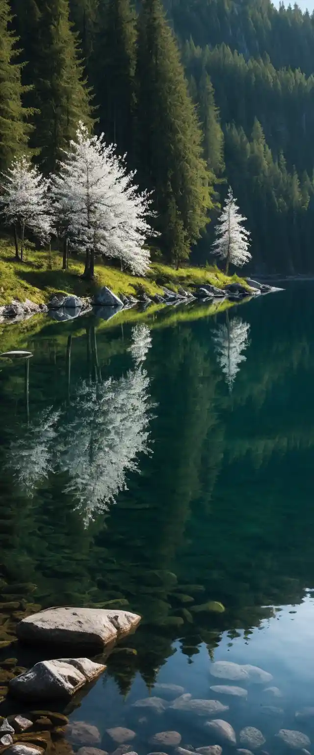 Peaceful forest lake with white flowers and reflections