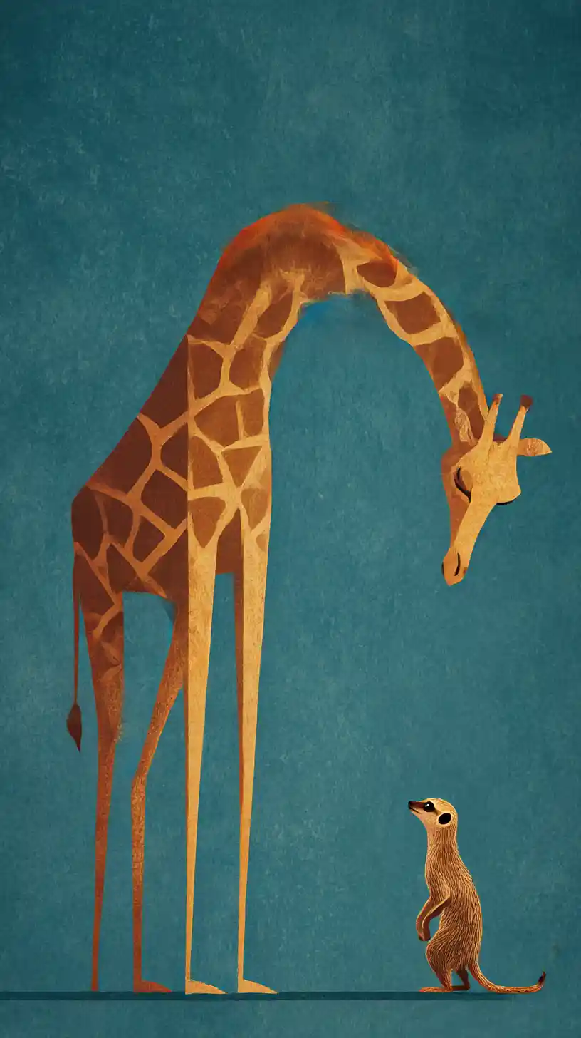 Giraffa digitale fiabesca incontra un suricato curioso