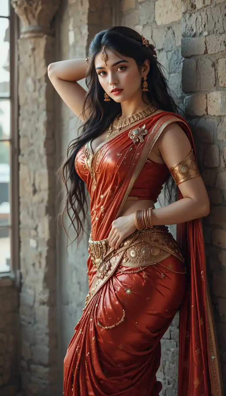 Fantasy woman in red armor saree with golden jewelry