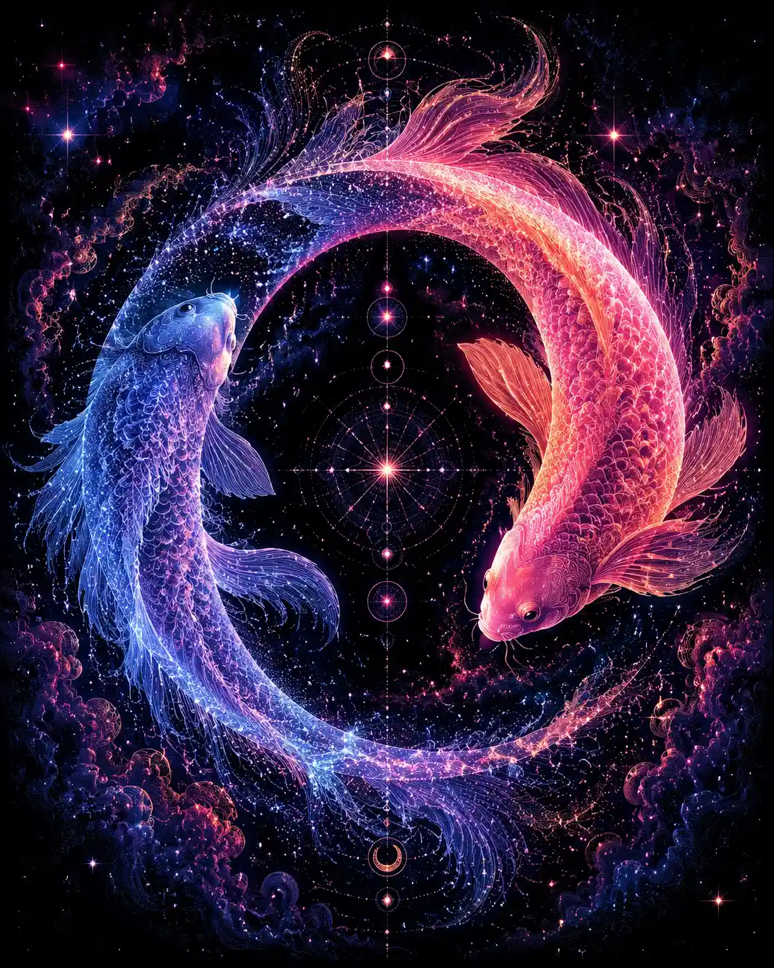 Glowing koi weaving through a crescent moon illusion