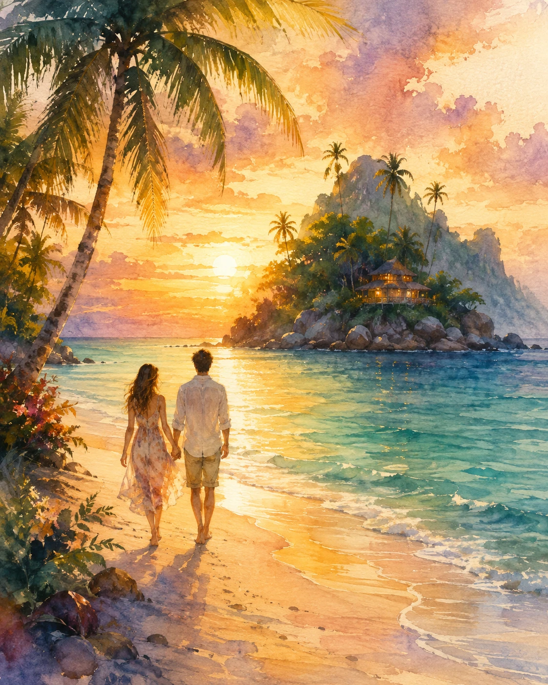 Casal romântico caminhando em uma praia de ilha tropical