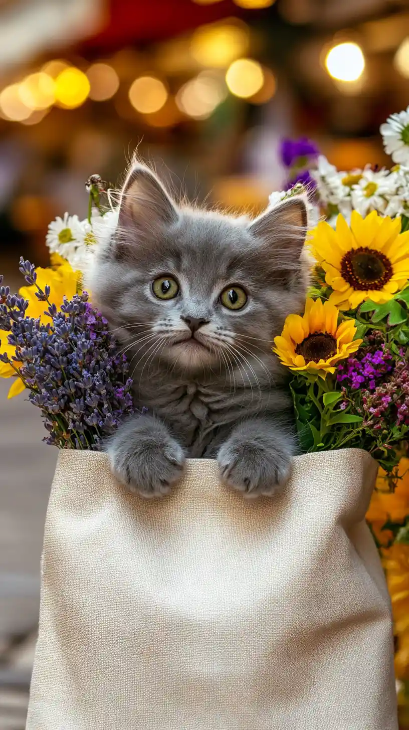 Fluffy grey kitten in tote bag with colorful market flowers