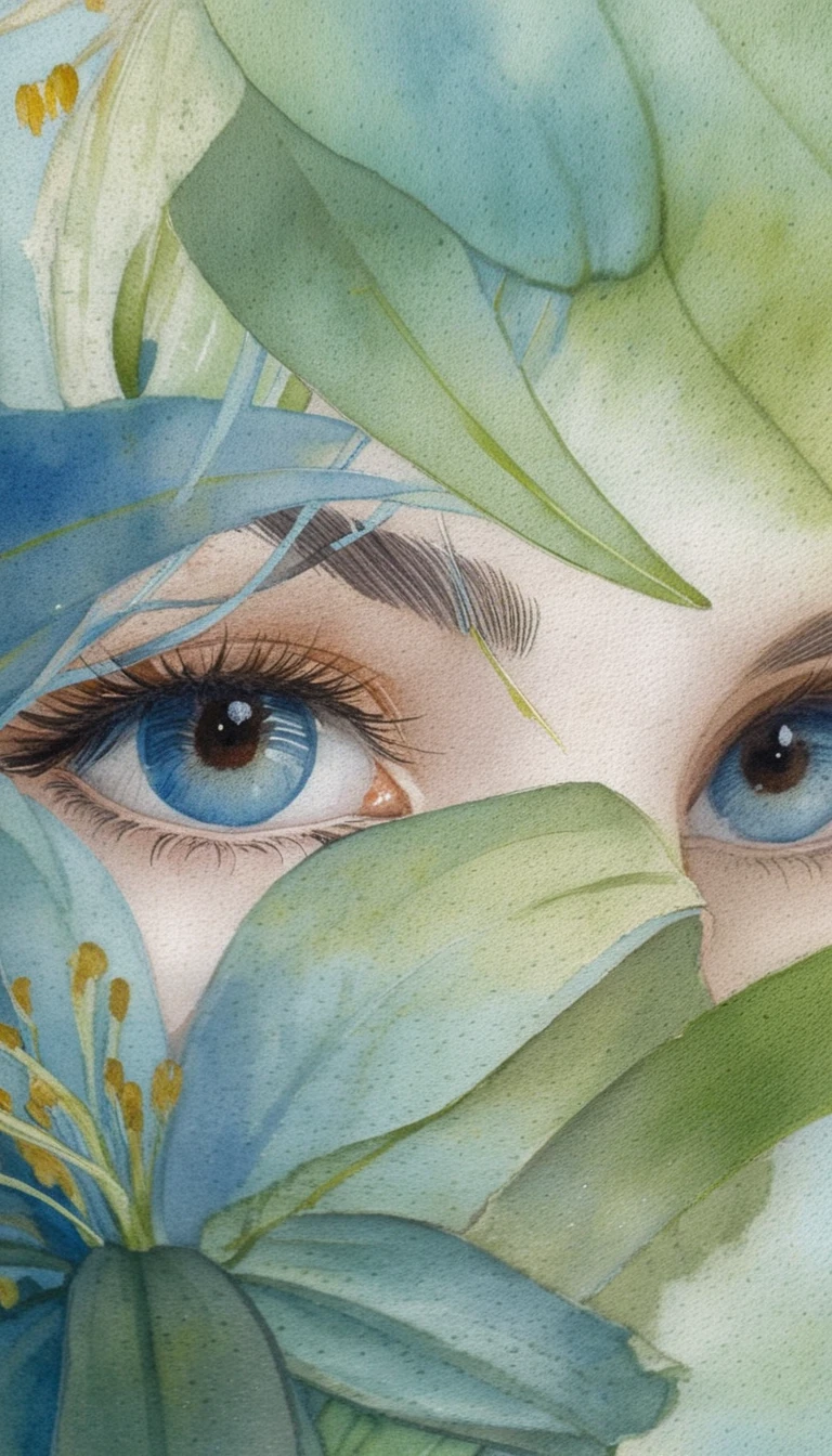 Retrato em close-up com olhos azuis e lírios brancos