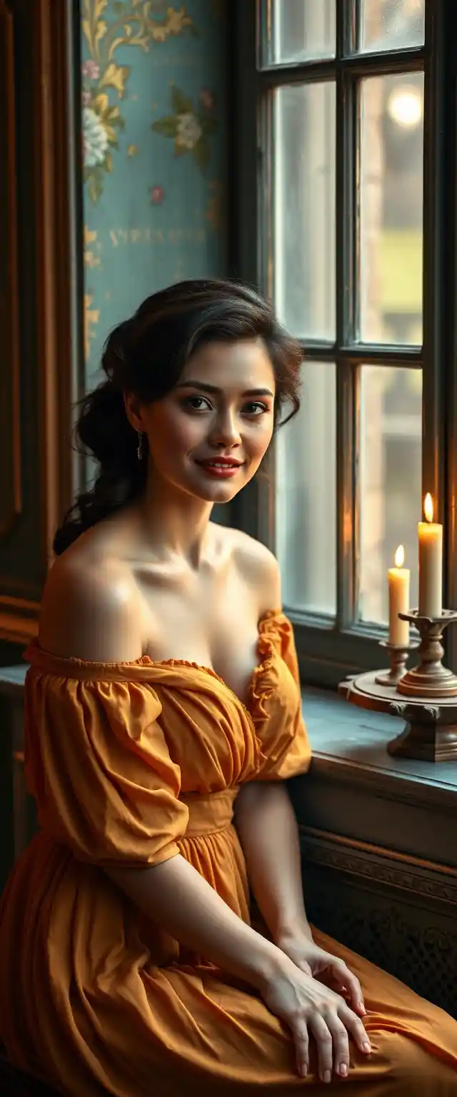 Elegant woman in yellow dress by vintage window