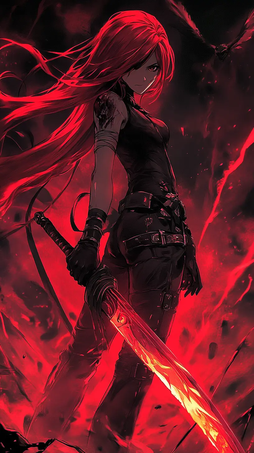 Anime girl with rune sword in a dark red world