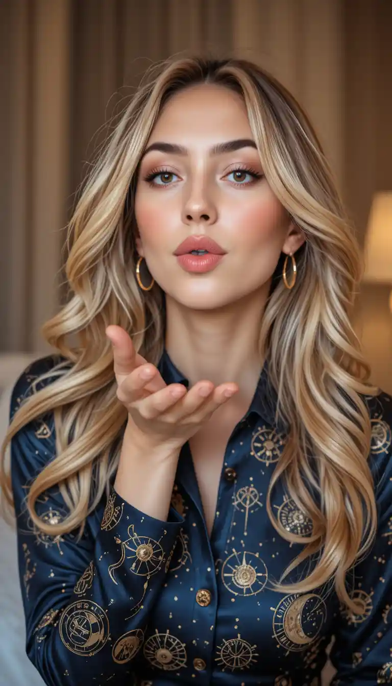 Young woman blowing a kiss in a celestial shirt