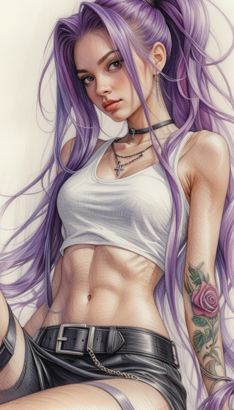自信紫髮女孩鉛筆插畫