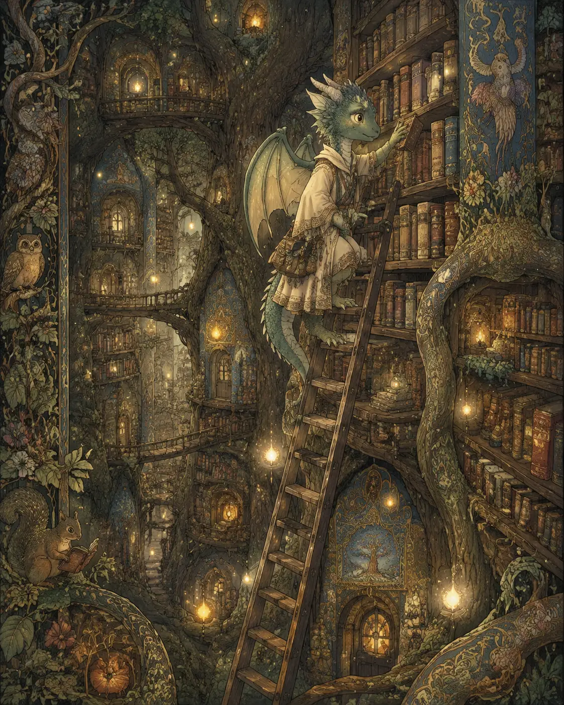 Young dragon librarian on a ladder in a glowing tree library