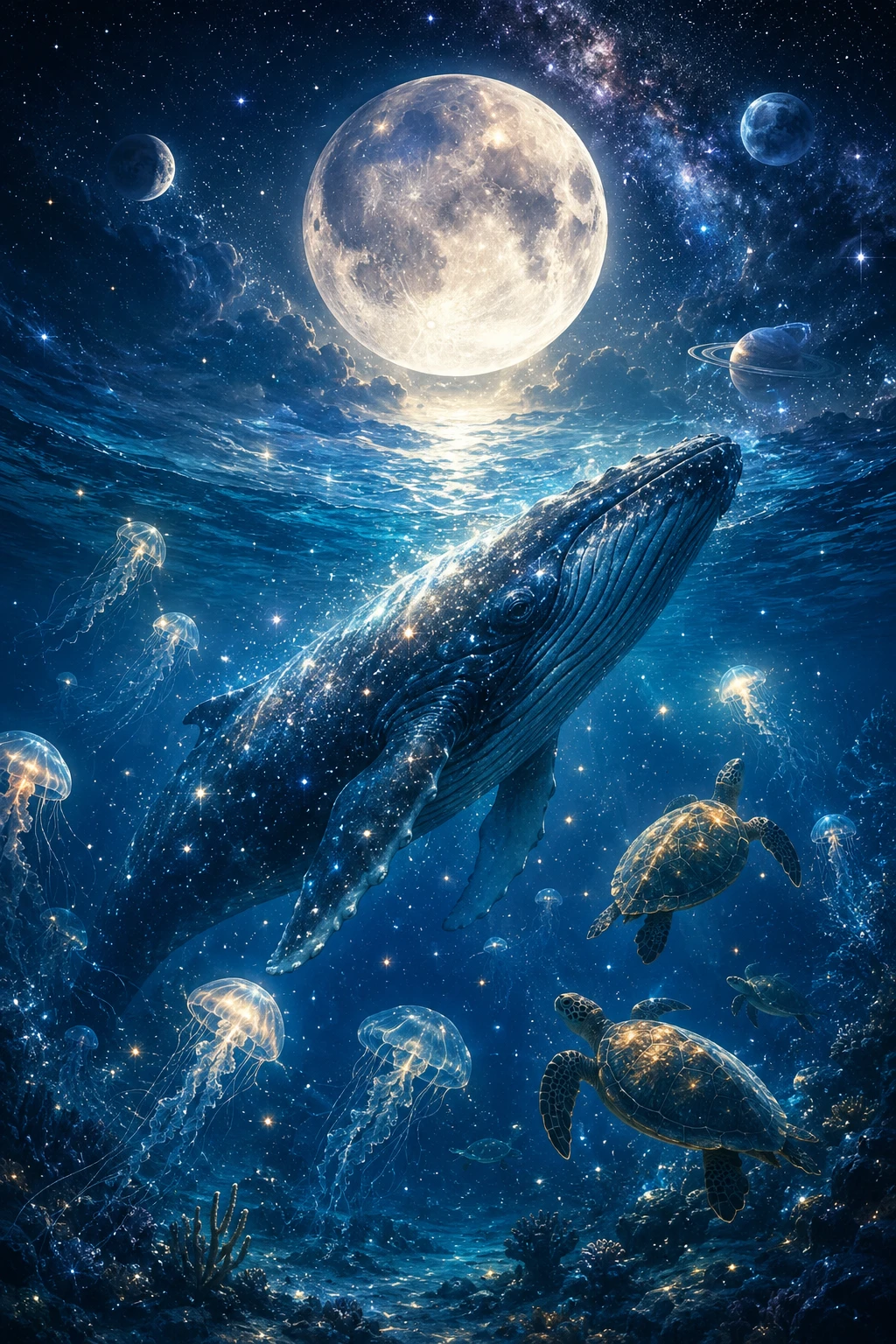 Céu de Superlua Onírico Misturado com Cena Subaquática de Baleia