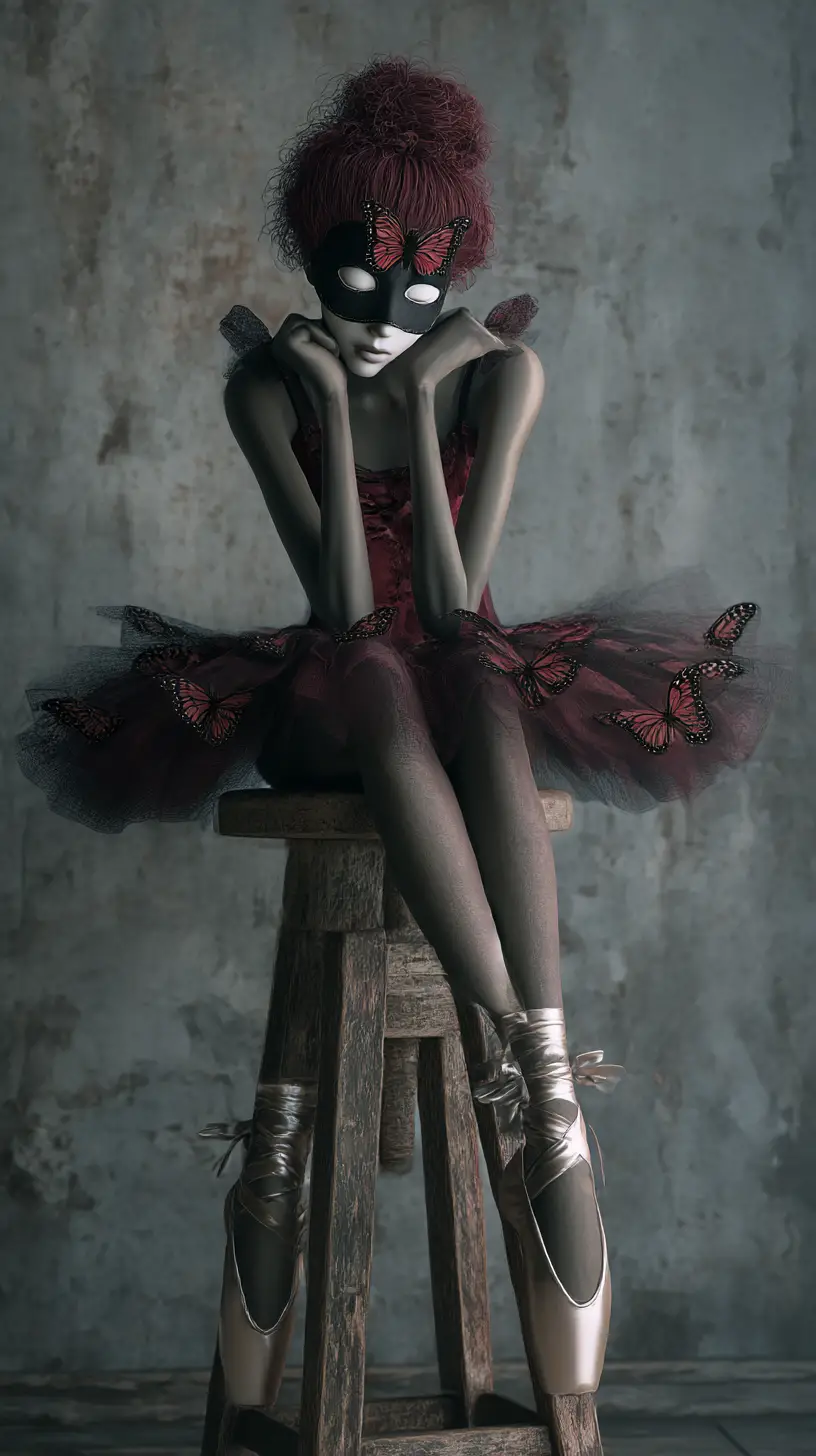 Ballerina gotica malinconica su sgabello in stanza decadente