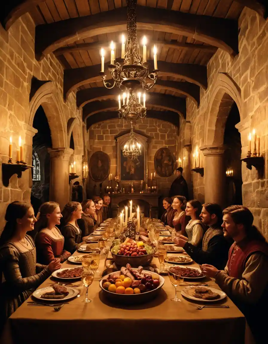 Medieval nobles feasting at a grand castle banquet