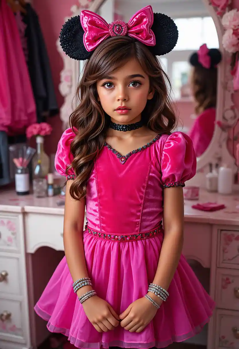 Nervous tween boy in princess costume at pink vanity