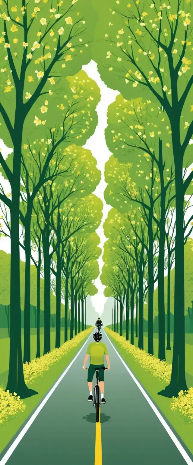Cyclist On Green Forest Road In Vector Illustration