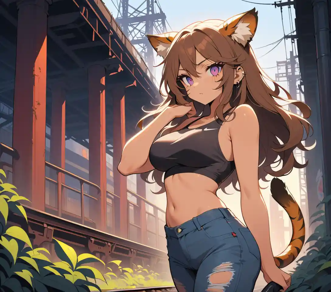 Feline humanoid woman walking along abandoned urban tracks