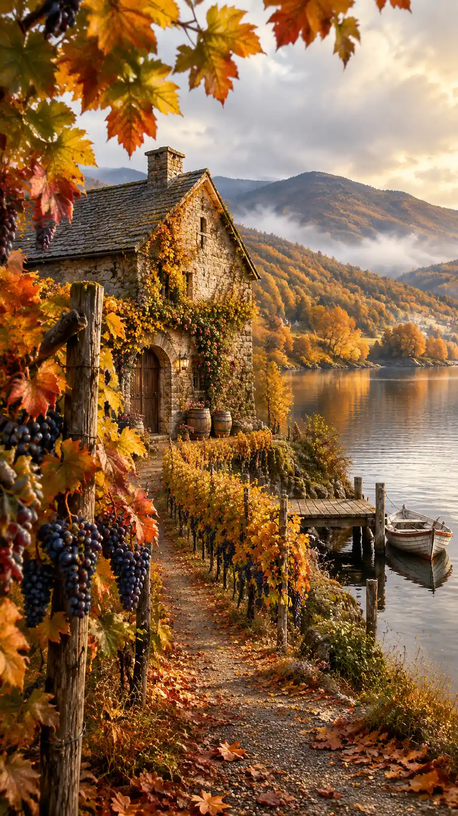 Autumn vineyard river scene with old stone wine cellar