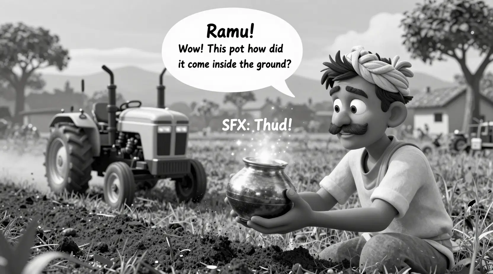 Cartoon farmer Ramu finds a glowing pot in field