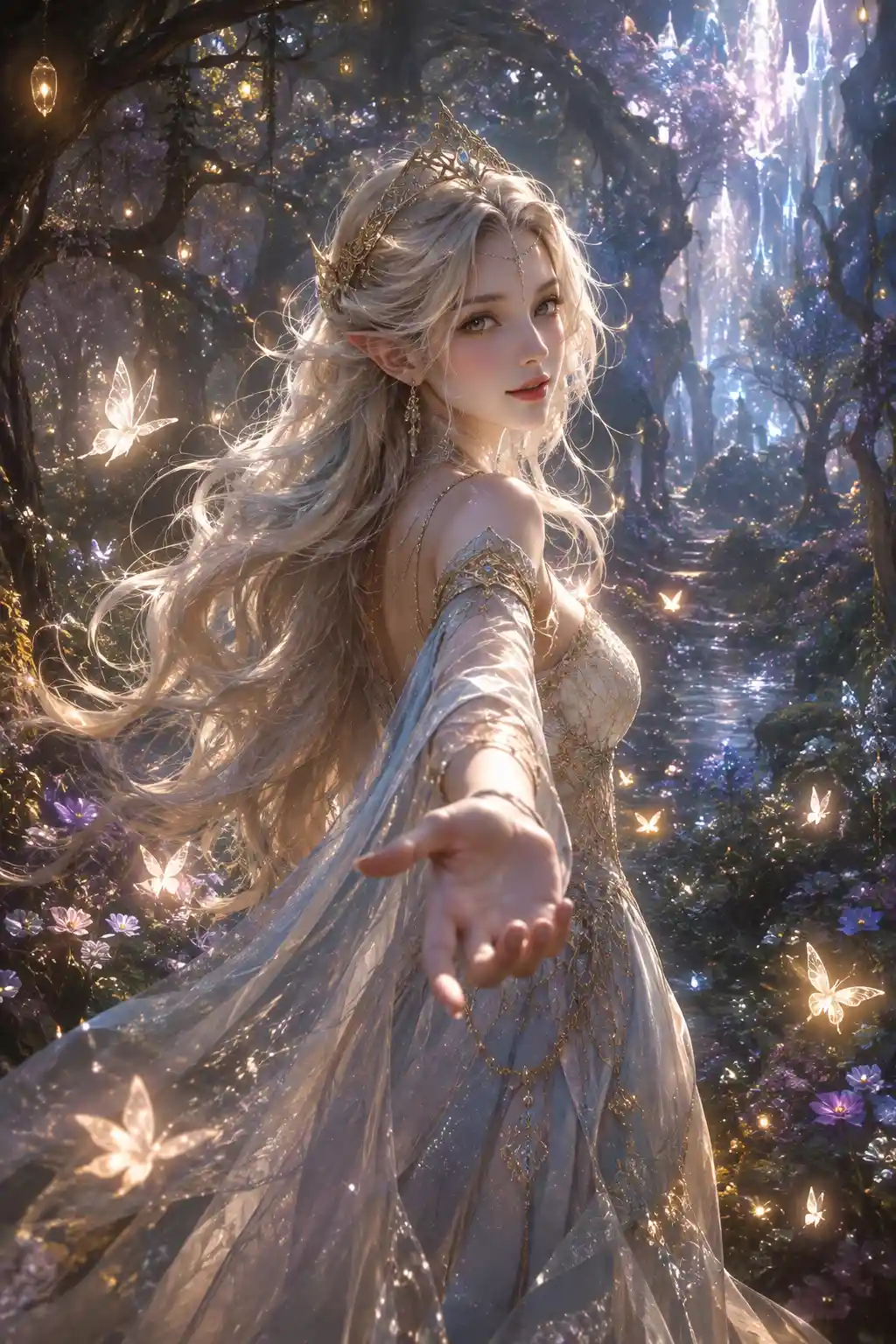 Elven princess reaching out in a glowing enchanted forest