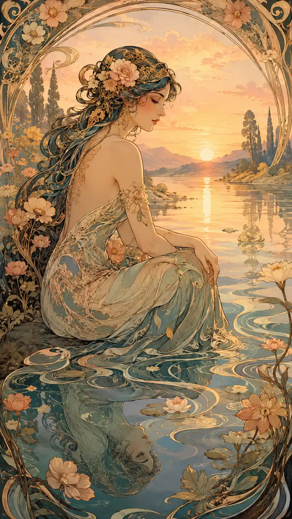 Art nouveau woman by a tranquil lake at sunrise