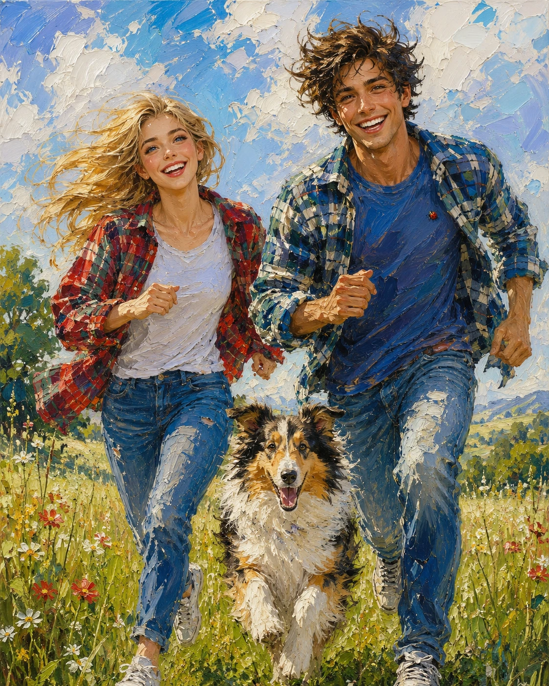 Smiling couple running through a field with their collie