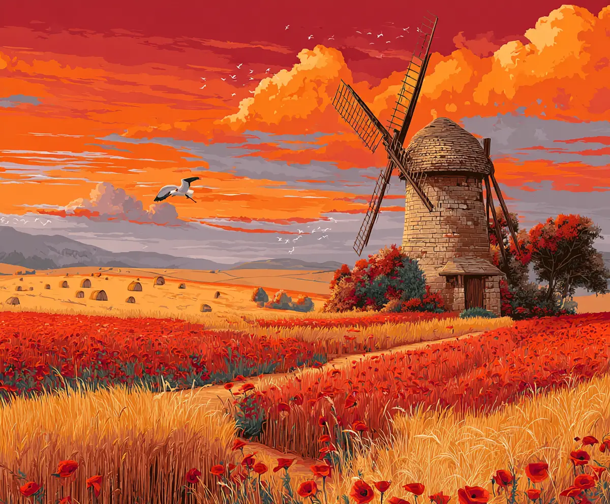 Windmühle bei Sonnenuntergang über goldenen Weizenfeldern und Strohballen