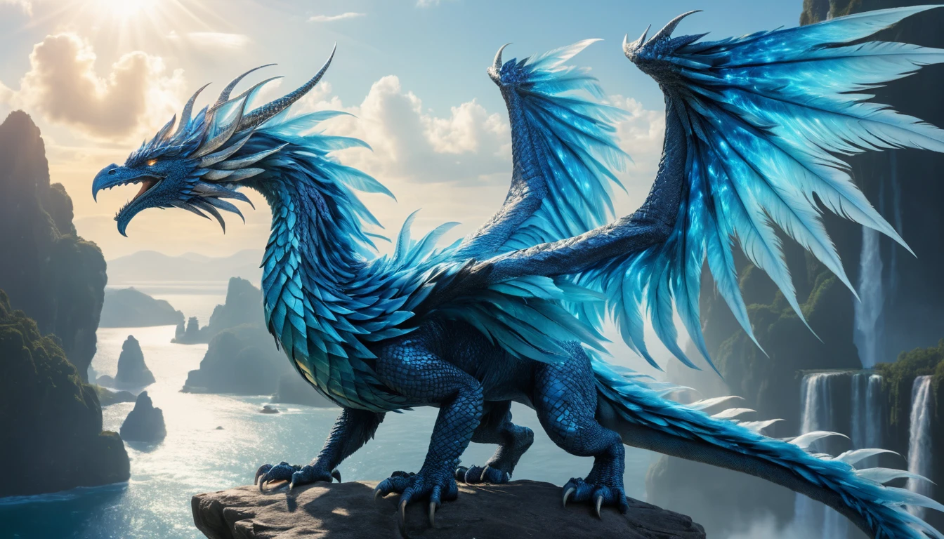 Dragão turquesa mergulhando por nuvens luminosas sobre o oceano