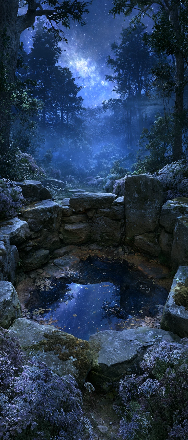 Moonlit enchanted forest glade with reflective still pool
